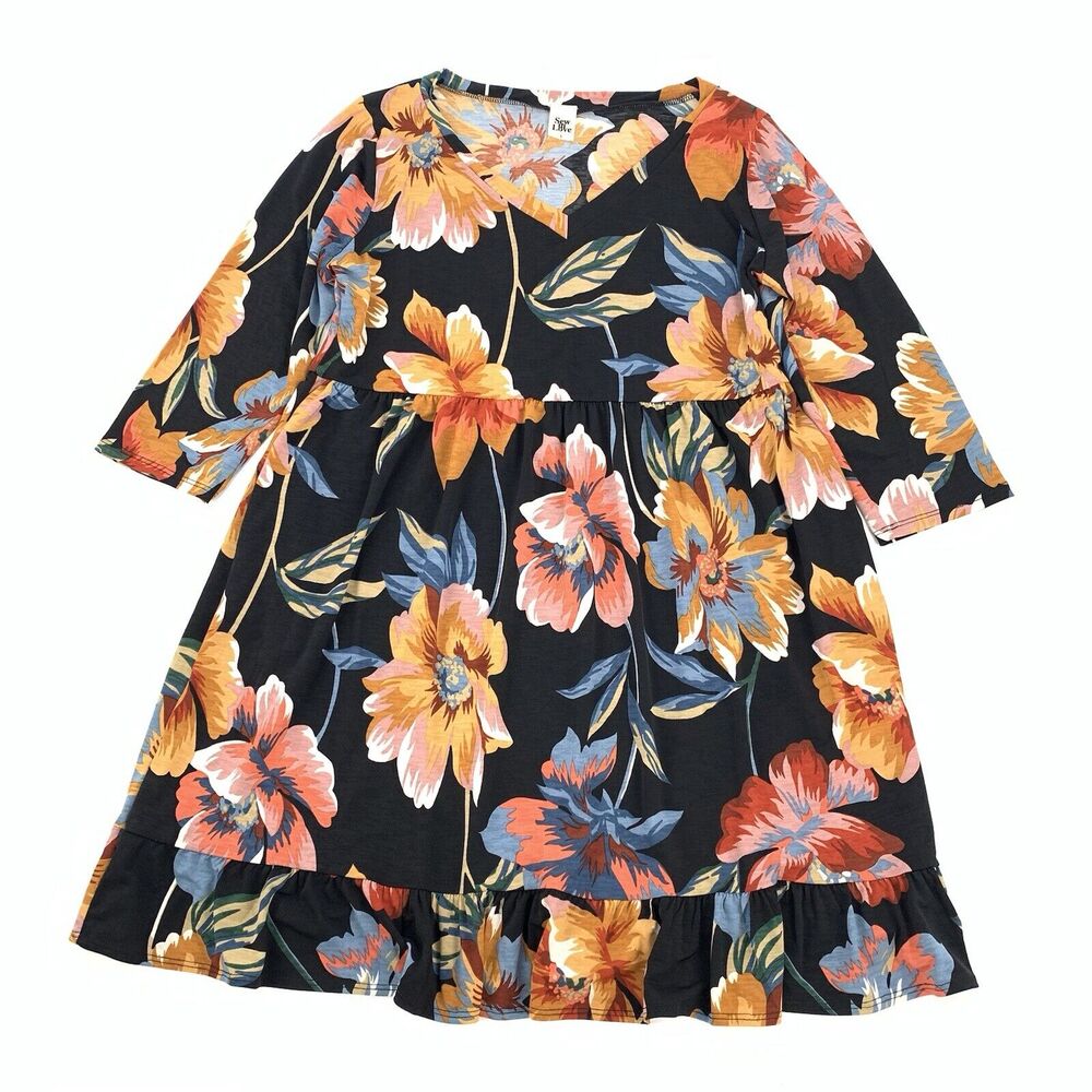 Sew in Love Floral Print Babydoll Dress Size Small Black Orange Fall Casual S